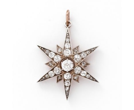 Kl. Stern-Anhänger m. Diamanten, um 1900.14 kt RG/Silber, mittig besetzt m. 1 Altschliff- Diamant v. ca. 0,30 ct umgeben v. 3