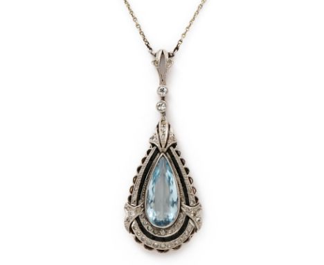 Tropfenförmiger Aquamarin-Anhänger,Art Déco um 1925. 14 kt GG/Silber, besetzt m. 1 tropfenförmigen facettierten Aquamarin (ca