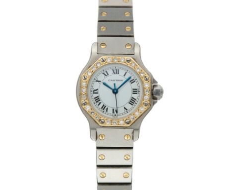 Damenarmbanduhr Cartier Santos Octagon,Schweiz um 1990. Stahl/18 kt GG. Automatik. Ref.-Nr. 0907. Serien-Nr. 10816. Werk-Nr. 