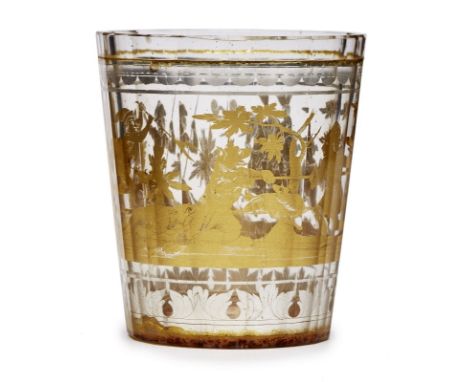 Zwischengoldbecher,Barock, wohl Böhmen 18. Jh. Farbloses Glas, d. doppelte Wandung innen m. umlaufendem Goldfoliendekor m. Ja