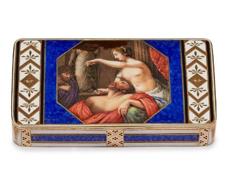 Rechteckige Tabatiere m. Emaille,Schweiz frühes 19. Jh. 18 kt GG, m. polychrom. Emaille, Deckel m. Samson u. Delilah. L 9,3, 
