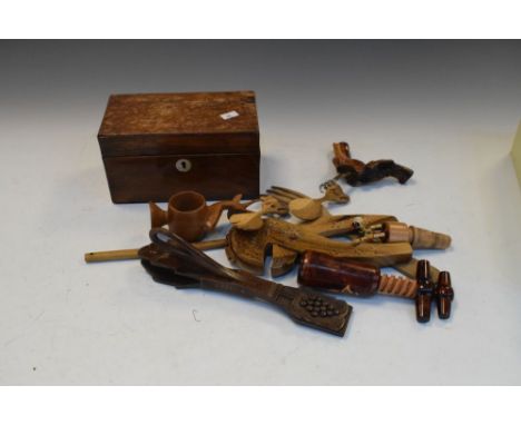 Assorted woodenwares to include; tea caddy, nut crackers, salad servers, etc  