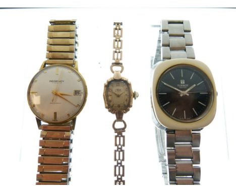 Three assorted wristwatches - Tissot, gentleman's black dial with luminous baton hour markers and hands, circular dial with c