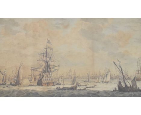 After Willem Van der Velde (late 17th Century) - Coloured lithograph print, Shipping engaged in a sea battle, 39cm x 63cm, in