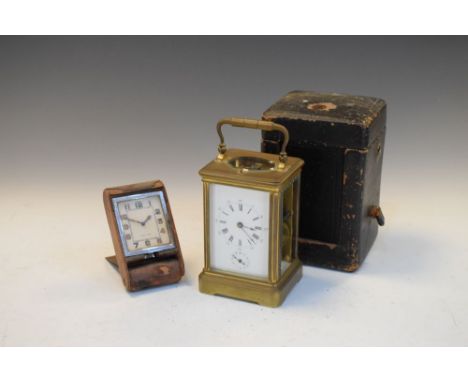 Early 20th Century brass repeater carriage clock with two-train movement, Roman dial with subsidiary alarm dial beneath, 13cm