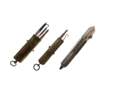 Early 20th Century perpetual calendar, together with two brass-sleeved multi-tools (3)  