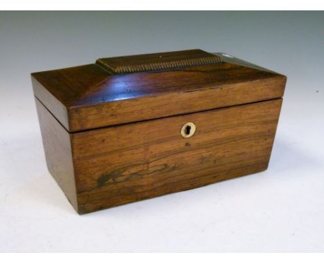 19th Century rosewood sarcophagus tea caddy enclosing two rectangular canisters and glass blending bowl, 28cm wide  