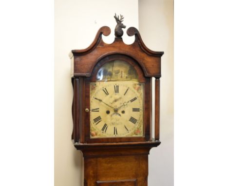 19th Century oak and mahogany-cased 8-day painted dial longcase clock, C.Tyte Wells, with 12-inch Roman dial, the arch painte