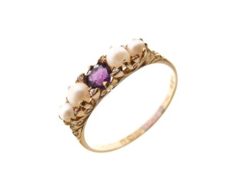 18ct gold, ruby and seed pearl ring, size R, 2.9g gross approx  