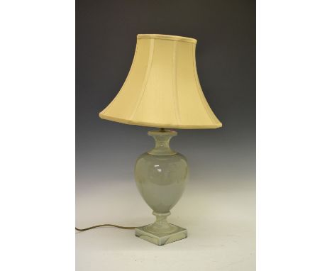 Valsan celadon-glazed table lamp with shade, 69.5cm high overall  