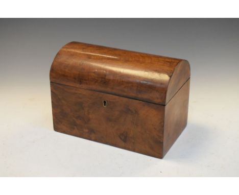 Victorian figured walnut dome-top tea caddy of two divisions enclosing sundry effects  