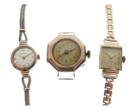 Three lady's 9ct gold cocktail watches comprising: one by Garrard, with plaited strap, a second with square dial, and a third