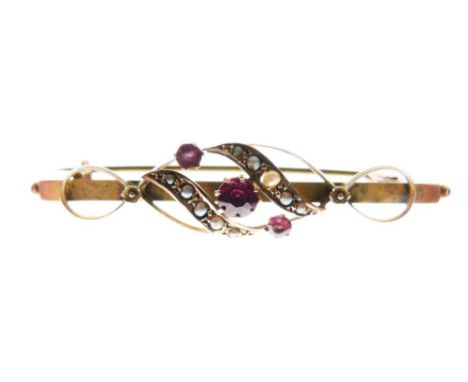 9ct gold bar brooch set three ruby-coloured red stones between seed pearls, 4.5cm, 1.9g gross approx  