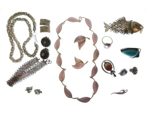 Assorted silver, white metal and unmarked jewellery to include; pendants, ear studs, brooches, Norwegian enamel ear clips, et