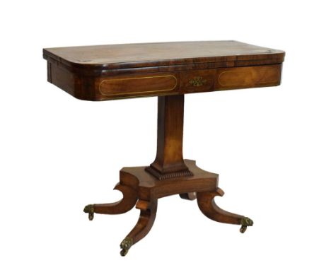 George IV brass bound rosewood fold-over pedestal card table, on quadripartite base, 91cm wide x 75cm high  