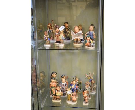 Quantity of Hummel Goebel figures to include Out of Danger, Chimney Sweep, Street Singer, Apple Tree Girl, Mountaineer, Culpr