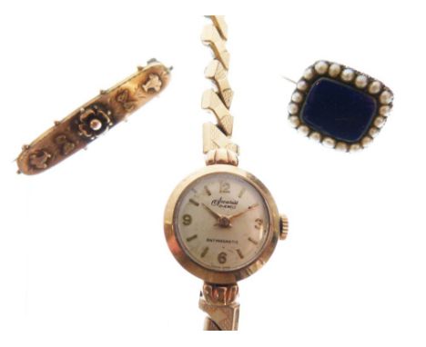 Accurist - Lady's 9ct gold wristwatch with 21-jewel movement and plated flexible strap, together with a Victorian 9ct gold ba