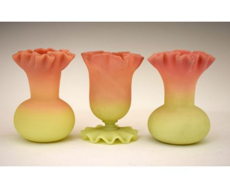 Pair of 19th Century Thomas Webb Queens Burmese-style posy vases, of globe and shaft form with frilled rims, together with a 