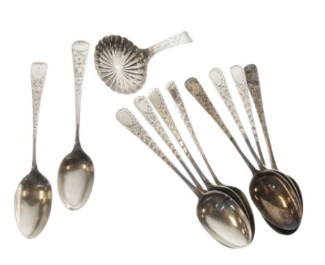 Georgian silver caddy spoon with fan-reeded oval bowl and bright cut engraved handle, date indistinct, together with a set of