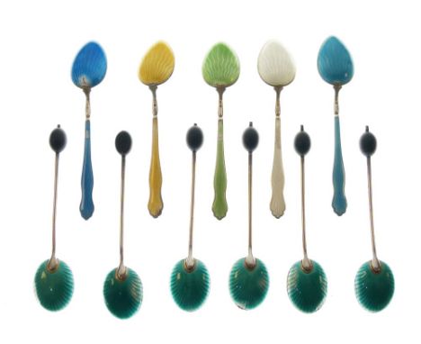 Set of six George V silver and enamel demi-tasse coffee spoons with enamel backs and bean terminals, Birmingham 1928, togethe