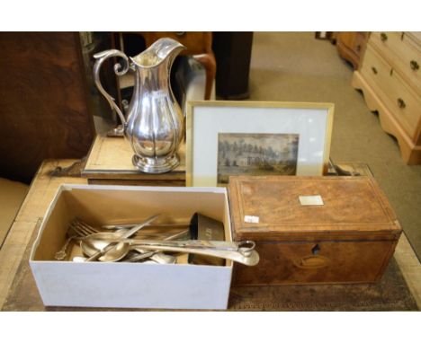 Assorted collectables comprising: early 19th Century burrwood tea caddy enclosing two divisions, plated wares to include; bas
