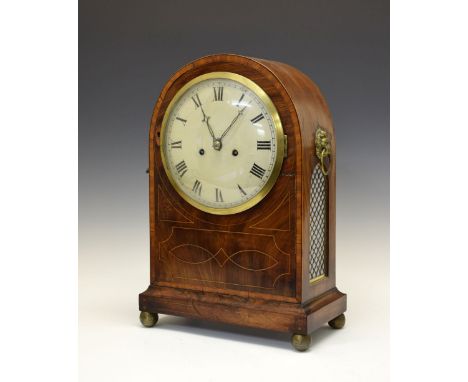 Early 19th Century inlaid mahogany cased bracket clock, with 8-inch convex cream Roman dial, twin fusee movement striking on 