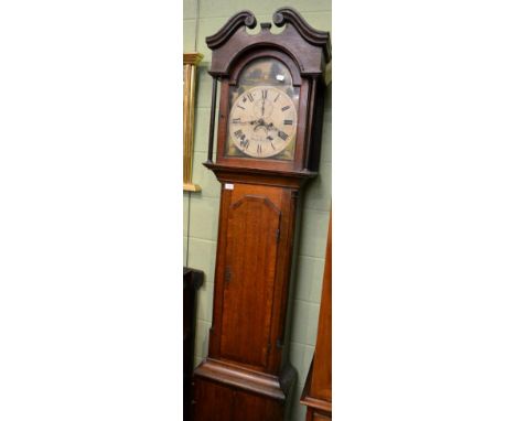 A 19th century oak eight day longcase clock, the painted arched dial signed P. Scriven, Stowmarket