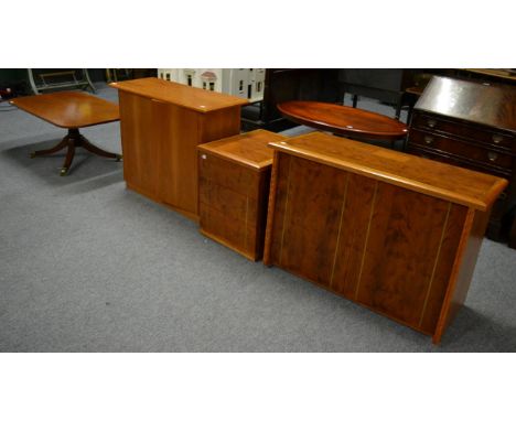 A reproduction Cherrywood side cabinet, the top with a green geometric inlay above two cupboard doors enclosing a shelf, 100c