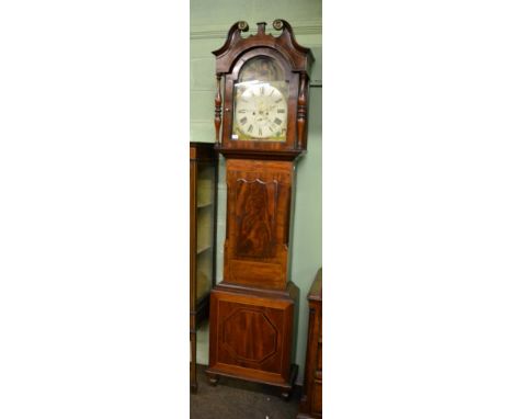 A mahogany eight day longcase clock, arch painted dial, signed S Winderhalter, LeedsNo pendulum or no weights 