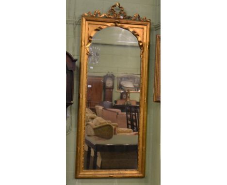 A large gilt framed hall mirror with ribbon tied surmount and matching marble top shelf (a.f.)