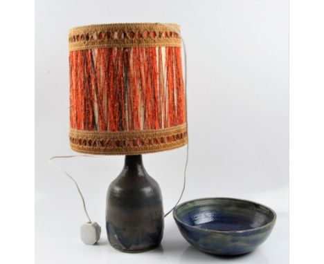 A Molly Finlayson studio pottery lamp, together with a bowl, both with green and blue glazing. BOOK A VIEWING TIME SLOT ON OU