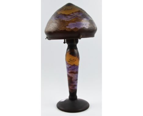 A reproduction Galle cameo glass lamp with mountain landscape design, approx height 50cm. BOOK A VIEWING TIME SLOT ON OUR WEB