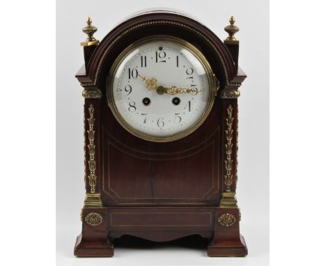 A French mahogany brass inlaid mantel clock with domed top and two brass finials to top, approx 31cm x 20cm x 12cm. IMPORTANT