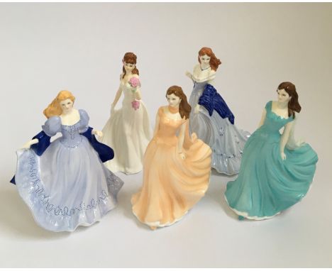 Set of five Royal Worcester ladies, to include Good Luck, Emily, The Bride, Victoria, and July, approx height 17cm. IMPORTANT