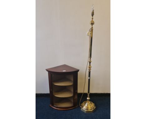 A mahogany reproduction corner display cabinet, together with brass standard lamp and shade. IMPORTANT: Online viewing and bi