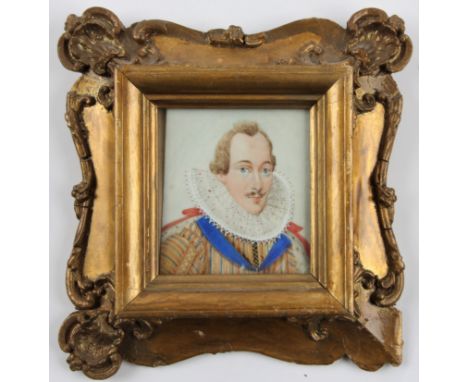 A miniature painting on ivory of a 15th-century gentleman in a gold-painted wood decorative frame, titled ‘Lord Hastings, 148