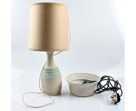 A Molly Finlayson studio pottery lamp with blue and cream glazing, together with a bowl with brown and cream glazing. BOOK A 