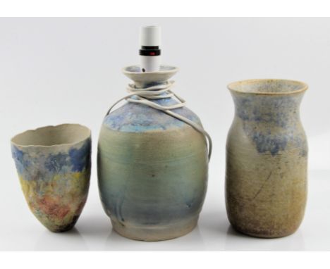 A Molly Finlayson lamp, together with a vase and pot with blue, yellow and cream glazing. BOOK A VIEWING TIME SLOT ON OUR WEB