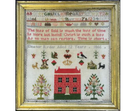 Eleanor Ryder, aged 12 years, 1866 alphabet and pictorial sampler, 42cm x 39cm. BOOK A VIEWING TIME SLOT ON OUR WEBSITE FOR T