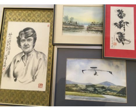 Five various framed pictures including watercolour by Peter Lloyd-Davies, airplane in rural setting, William Shakespeare sonn