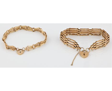 A four bar gate bracelet, stamped 9 375, hallmarked 9ct yellow gold heart padlock clasp, together with a hallmarked 9ct yello