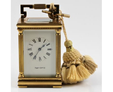 A Maplin and Webb brass carriage clock, five glass panels and roman numerals, approx 14cm x 8cm x 5.5cm. IMPORTANT: Online vi