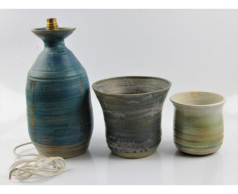 A Molly Finlayson studio pottery lamp with blue and brown glazing, together with two pots, one with blue and purple glazing a