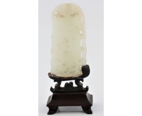 A carved Chinese pale green Jade Phoenix with a wooden stand, approx 7cm x 3cm. BOOK A VIEWING TIME SLOT ON OUR WEBSITE FOR T