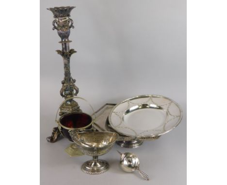 A Continental silver plated centrepiece base, cast with caryatids, leaves etc., a silver sugar basket with ruby tinted glass 