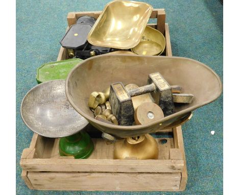 Various sets of enamel iron and brass scales, to include bell weights, etc.