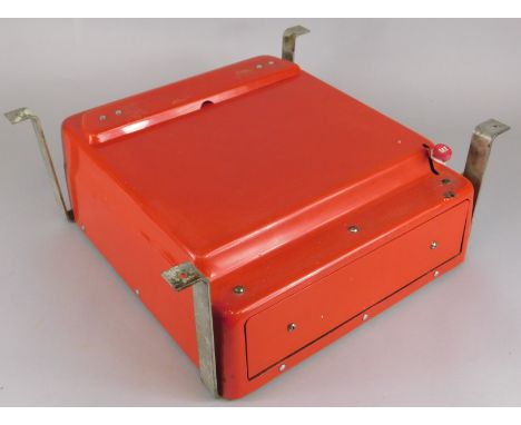 A vintage red coloured metal cash register or till, designed to be mounted under a table or a counter, including brackets, 43