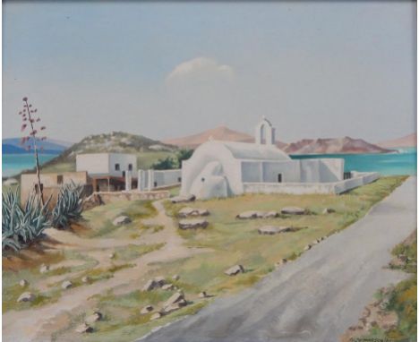 Guy Marson (20thC). Mediterranean church seascape, oil on canvas, signed and dated (19)67, 44.4cm x 54.5cm