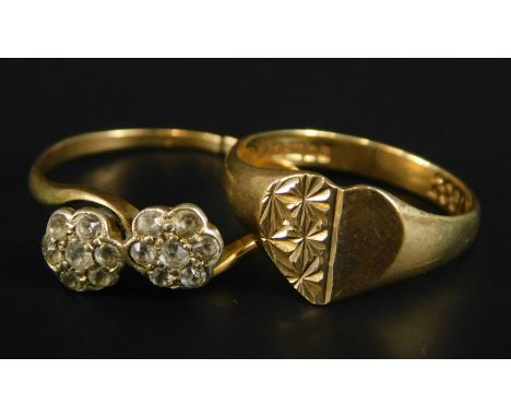 Two dress rings, to include a 9ct gold heart shaped signet ring, and a two floral cluster design ring, stone set, (AF) yellow