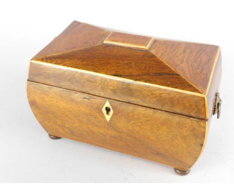 A mid 19thC rosewood and boxwood strung tea caddy, with gilt metal handles, 22cm wide.